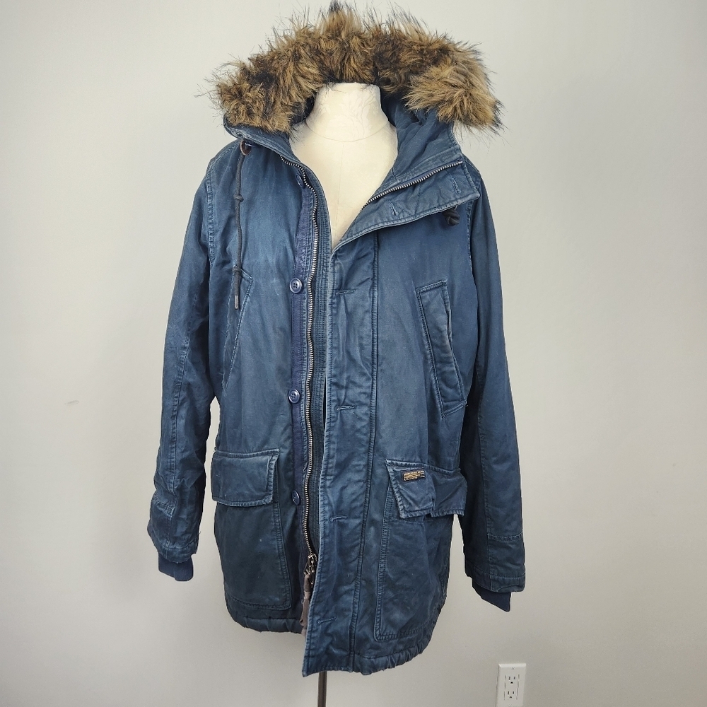 Abercrombie & Fitch VTG Y2K Men's Blue Distressed Coat Faux Fur Hood Size M